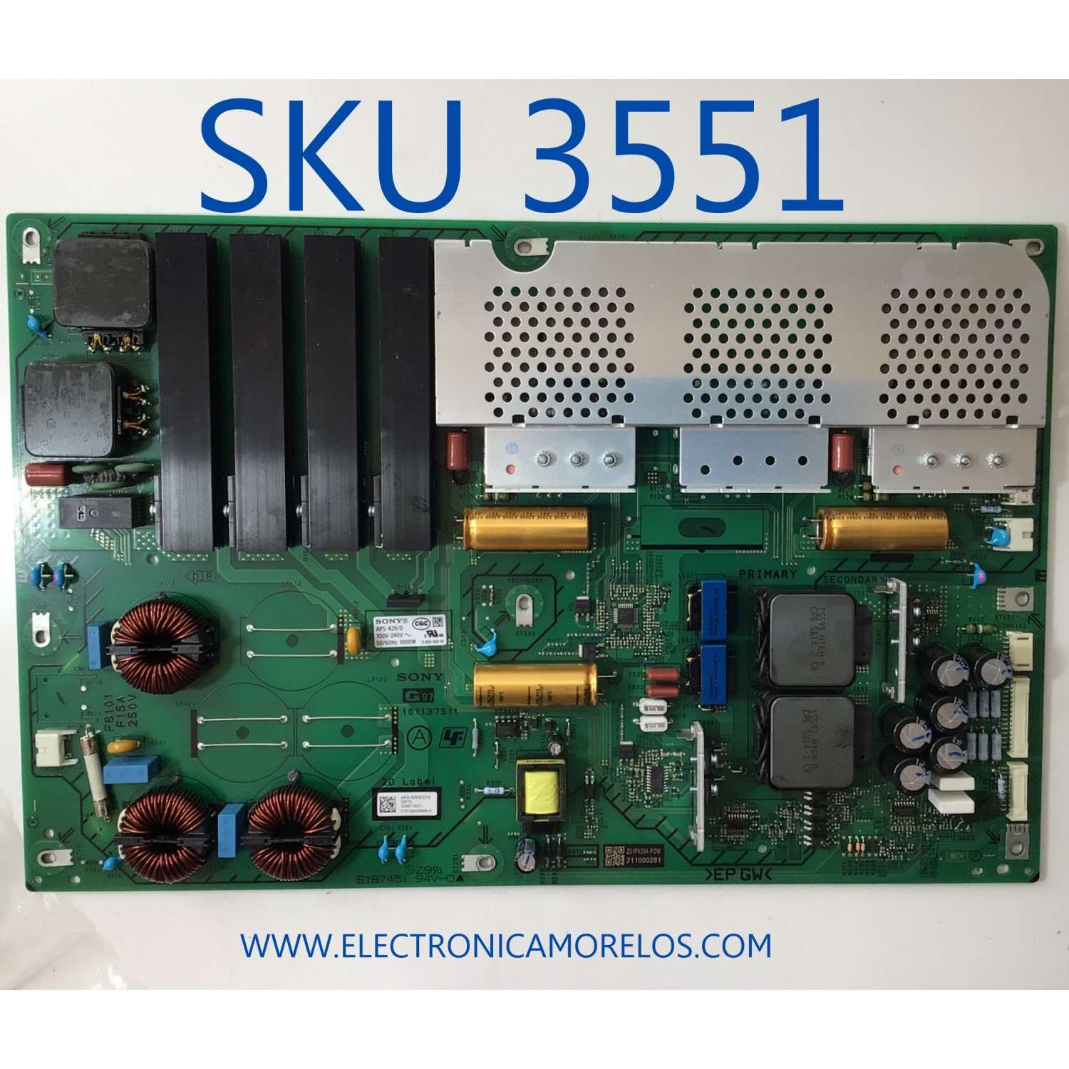 FUENTE PARA TV SONY / NUMERO DE PARTE 1-006-774-21 / 101131511 / 100677421 / APS-429/D(CH) / 2101M000649-A / Z01P4294-P0W / 211000281 / PANEL HDBO085DDU02 / MODELO XR-85Z9J